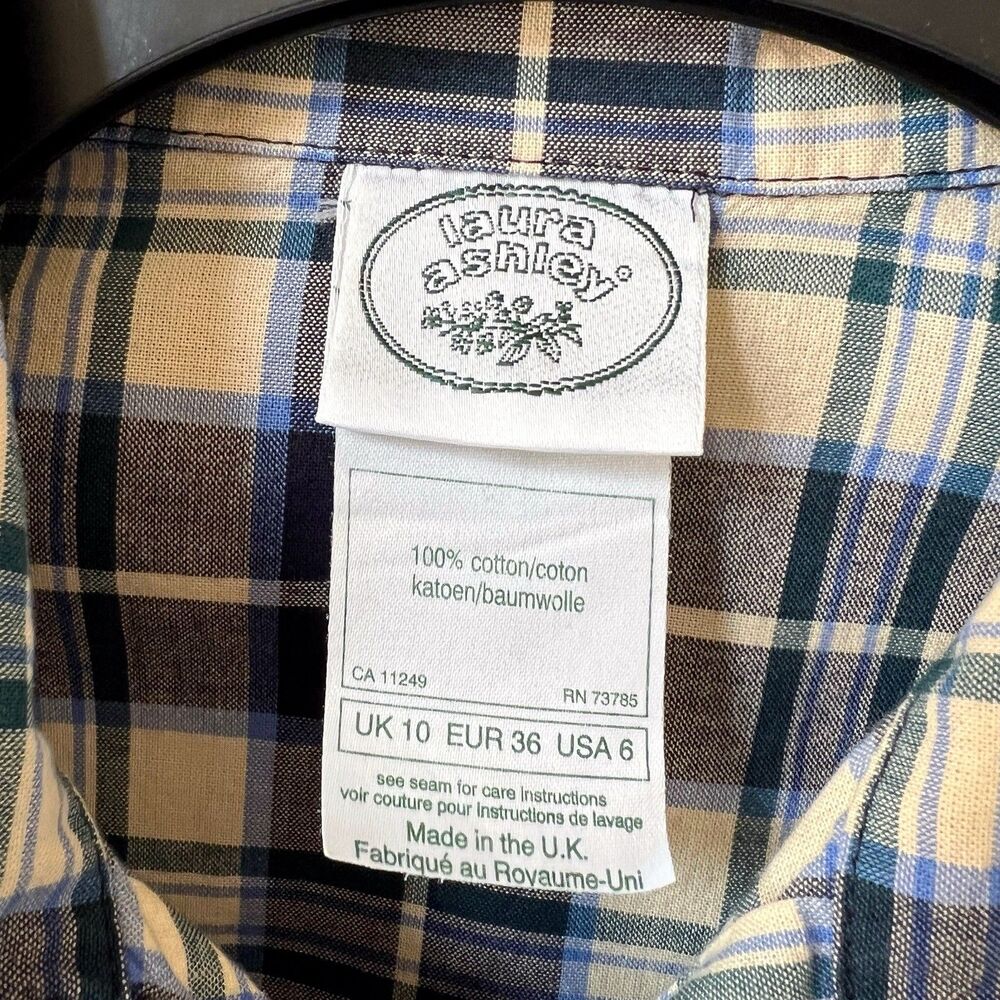 Vintage Laura Ashley UK Plaid Button Up Shirt 6 High Low Hem Short Sleeve Tunic - Picture 3 of 9